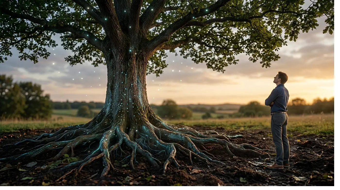 Árbol con raíces iluminadas por líneas de circuito