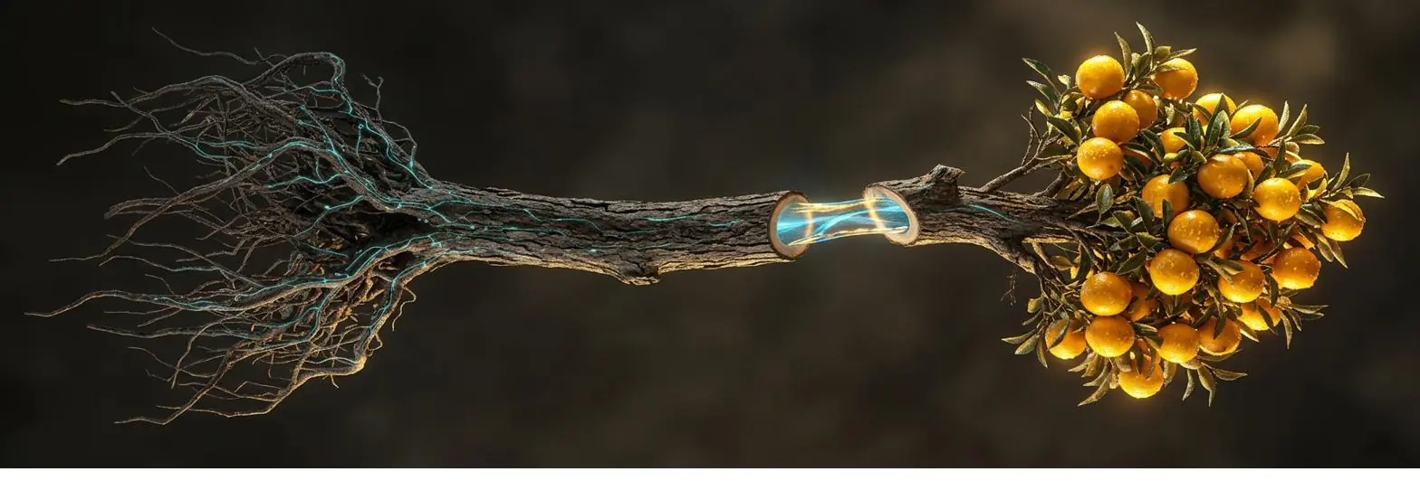 Árbol suspendido mostrando raíz, tronco, savia y fruto, con líneas de circuito digital